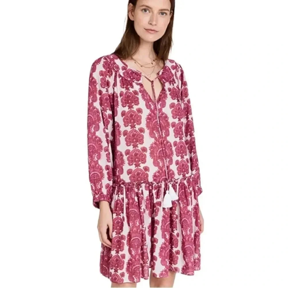 Cara Cara Kavita Dress Paisley Stripe Long Sleeve Pleated Skirt Berry Large